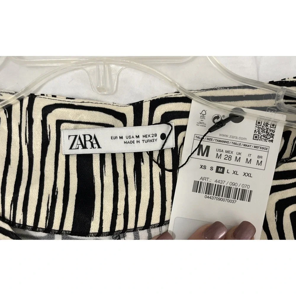 NWT ZARA M Blouse‎ Womens Black/Beige Geometric Print Drawstring Casual Office